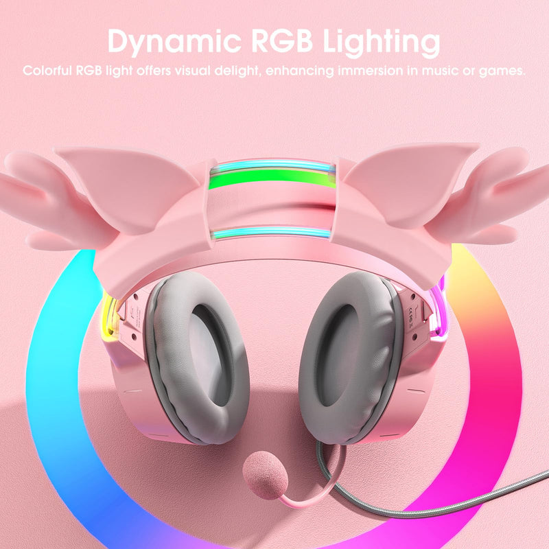 [AUSTRALIA] - Lightweight Gaming Headset with Detachable Deer Ears, RGB Lighting, Wired Over Ear Headphones with Mic for PC, PS4, PS5, Xbox, Switch, Stereo Surround Sound, Self-Adjusting Headband Pink Deer Ear 