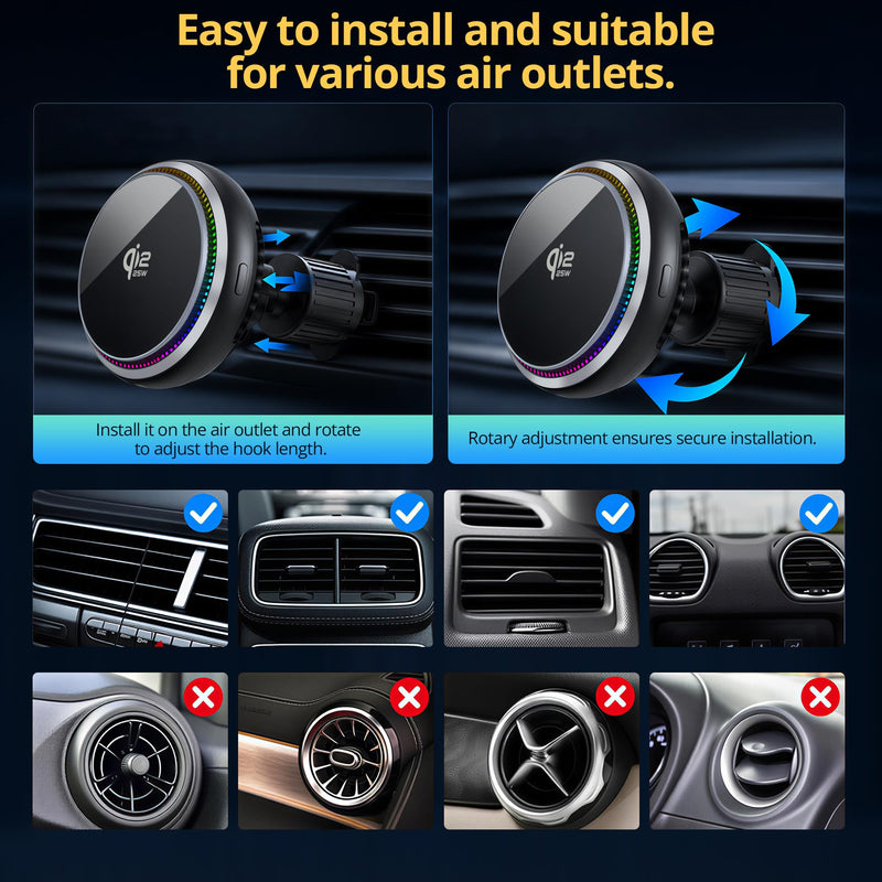 Qi2.2 25W Car Charger Mount Compatible with MagSafe Car Charger | TEC Cooling and 7-Color Fan, Wireless Car Charger Magnetic Phone Holder for iPhone 17/16/15/14/13/12