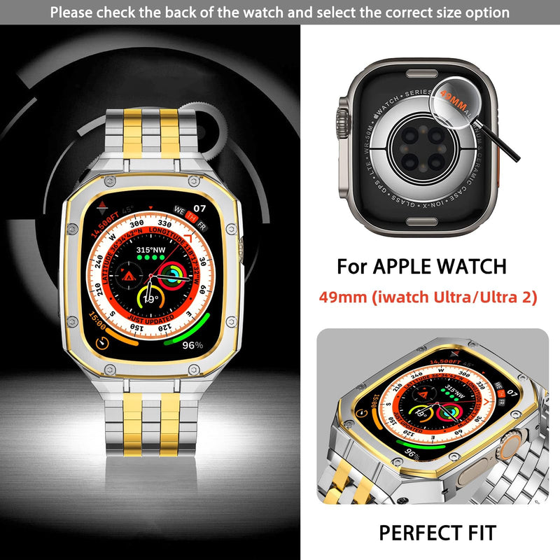 MioHHR Metal Band with Case Compatible with Apple Watch 49mm Band for Men | Rugged Metal Bumper Cover with Bands for iWatch Series Ultra 3, Ultra 2, Ultra 1, Silver/Gold Silver/Gold (Ultra) 49mm(Ultra 3/2/1)