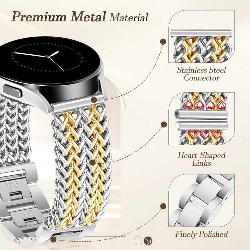 JR.DM Starlight Metal Watch Band Women 20mm Dressy Strap Stainless Steel Chain Bracelet Compatible with Samsung Galaxy Watch 7/6/5/4/Active 2/4 6 Classic/5 Pro/FE 40mm 42mm 43mm 44mm 45mm 46mm 47mm A5 Silver+Gold