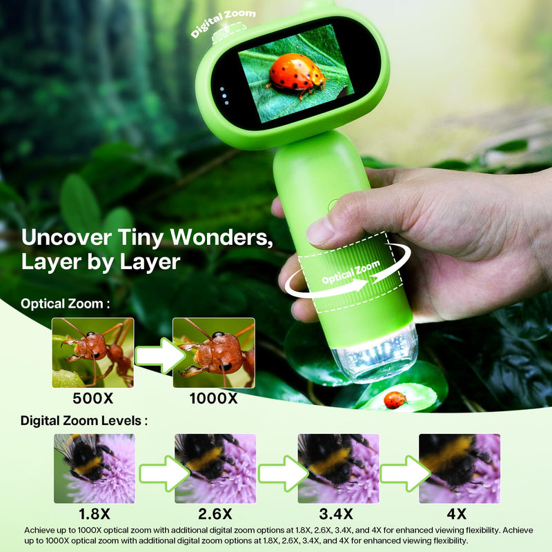 [AUSTRALIA] - GreenPeek Microscope for Kids with 2" Screen 1000x Portable Pocket Digital Kids Mini Scope, 16GB Card, Kids Educational Science Kit, Gift for Kids 4-12 (Light Green) Light Green 