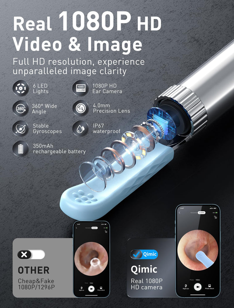 Qimic Ear Wax Remover Otoscope, WiFi Ear Cleaner with Camera, IP67 Waterproof Ear Camera, 360° Wide Angle Otoscope Camera with 6 LEDs for iPhone, Android Smartphones and iPad N5D 2-Black Grey