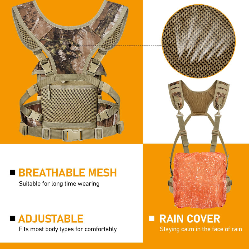 NEW VIEW Silent Binocular Harness Chest Pack, Hunting Bino Case with Dual MOLLE Straps, Binocular Harness with Detachable Chest Strap Rangefinder Pouch Rain Cover for Saddle Hunting Bird Watching Removable