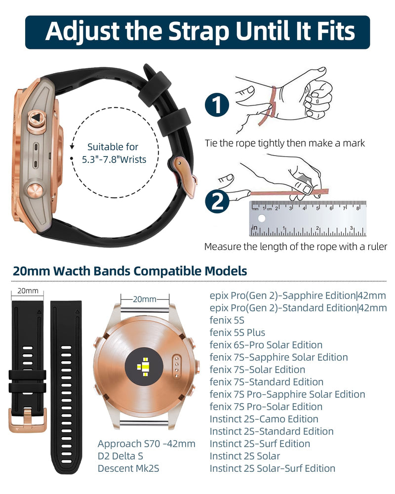 20mm Watch Band Replacement for Garmin fenix 5S/5S Plus/6S/7S/Instinct 2S/D2，Quick Fit silicone with rosegold buckle, NICEPINK and BLACK Bundle
