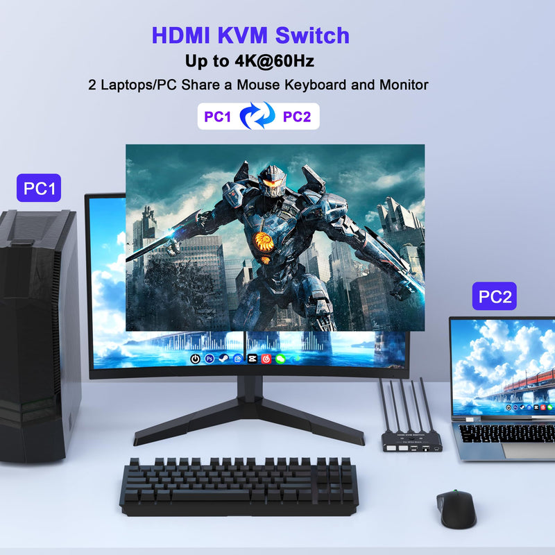 KVM Switch for 1 Monitor 2 Computers, 4K@60Hz HDMI KVM Switcher, HDMI USB Hub Switches for PC/Mac Pro/Laptop, Plug and Play, Share Keyboard Mouse Printer, with 2 USB Cables and 2 HDMI Cables