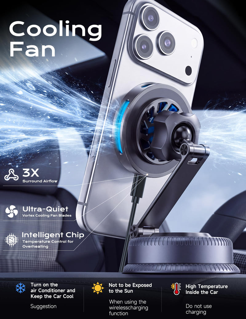 Qi2.2 25W MagSafe Car Mount Charger, Cooling Fan, 75W Fast Adapter | Long Arm Magnetic Wireless Car Charger, 360° Rotating Phone Holder for Car, Car Mount for iPhone 17-12 Series