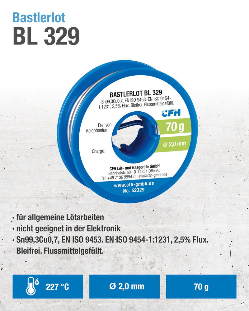 CFH Bastlerlot EL 329 – Solder Diameter 2.0 mm, 70 g, Flux Filled, Lead-Free, Ideal Solder for Repairs and Soldering Projects in Crafts, High Quality, Made in Germany