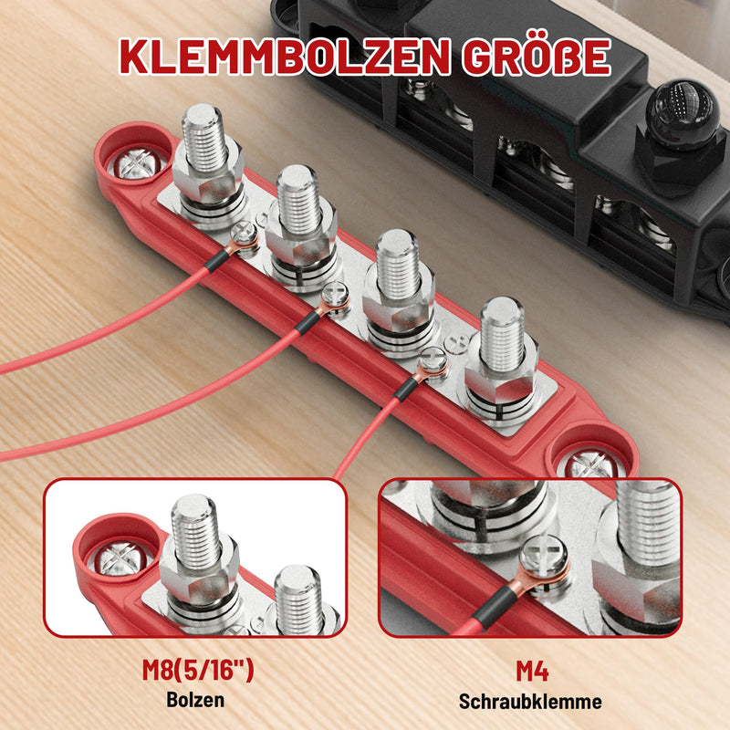 RED WOLF 250A Busbar Distribution Block 12V-48V DC, Distribution Rail with 4x M8/M10 & 3x M4 Terminal Bolts (M8)