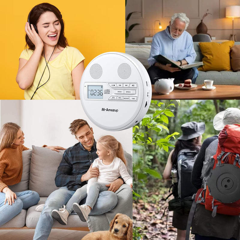 CD Player Portable, Rechargeable Portable CD Player with Dual Speakers and Anti Skip,CD,Dual Bluetooth,FM Transmission,USB,AUX,LCD Display,Sensitive Button,Repeat,10 Speeds for Home Car White