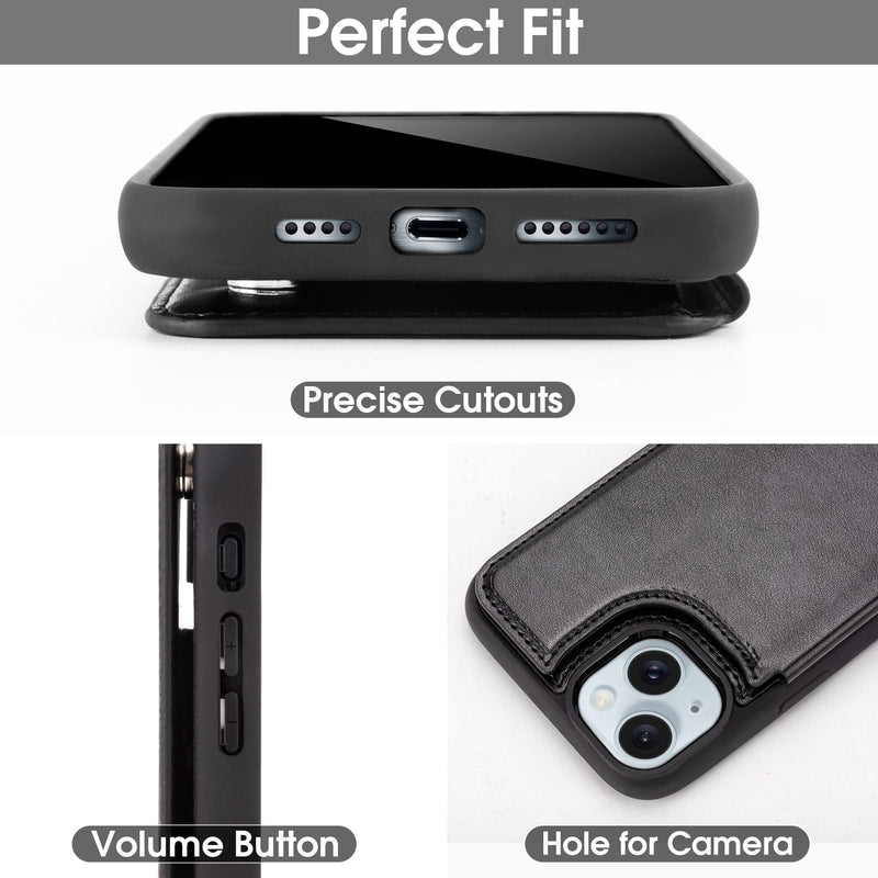 Arae Compatible for iPhone 15 Case with Card Holder - Wallet Case with PU Leather Card Pockets Back Flip Cover for iPhone 15 6.1 inch - Black iPhone 15 6.1''