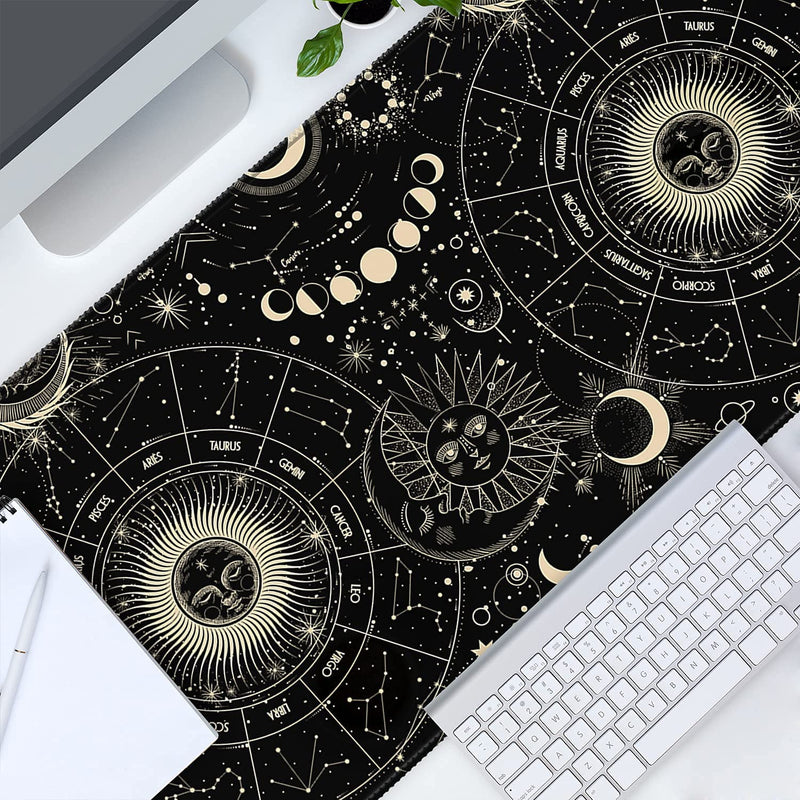 HOMKUMY Extended Gaming Mouse Pad, 35.5x15.75 Non-Slip Large Desk Pad Mousepad with Stitched Edges Waterproof Keyboard Mouse Mat Desk Protector for Game, Office and Home, Moon Sun Yellow