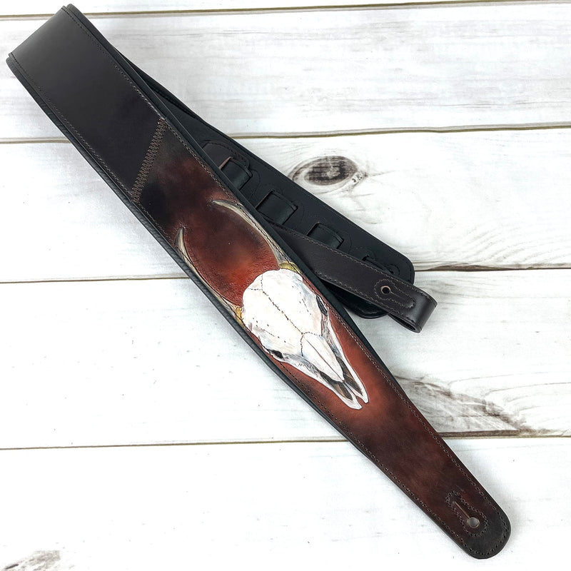 Walker And Williams KB-62 Handmade Carved Longhorn Skull Guitar Strap On Bourbon Brown Leather For Acoustic, Electric, And Bass Guitars