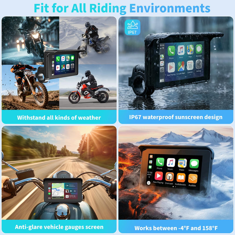 Motorcycle Carplay Screen with Wireless Apple Carplay & Android Auto, 5" Portable IP67 Waterproof Touchscreen Carplay GPS Navigation for Motor, Dual Bluetooth, Voice Control & Siri/Google Assistant