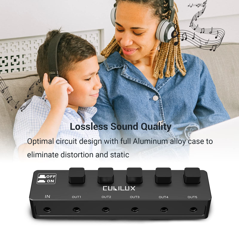 Cubilux 5-Way 3.5mm Headphone Splitter with Switch Control, Aluminum Case 5-Channel 1/8” Stereo Audio Splitter, Multi-Port TRS AUX Share/Split Box/HUB for Speaker Earphones Laptop PC Smartphone Tablet