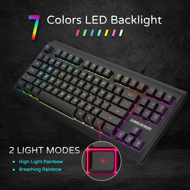 Rainbow LED Backlit 87 Keys Gaming Keyboard, Compact Keyboard with 12 Multimedia Shortcut Keys USB Wired Keyboard for PC Gamers Office