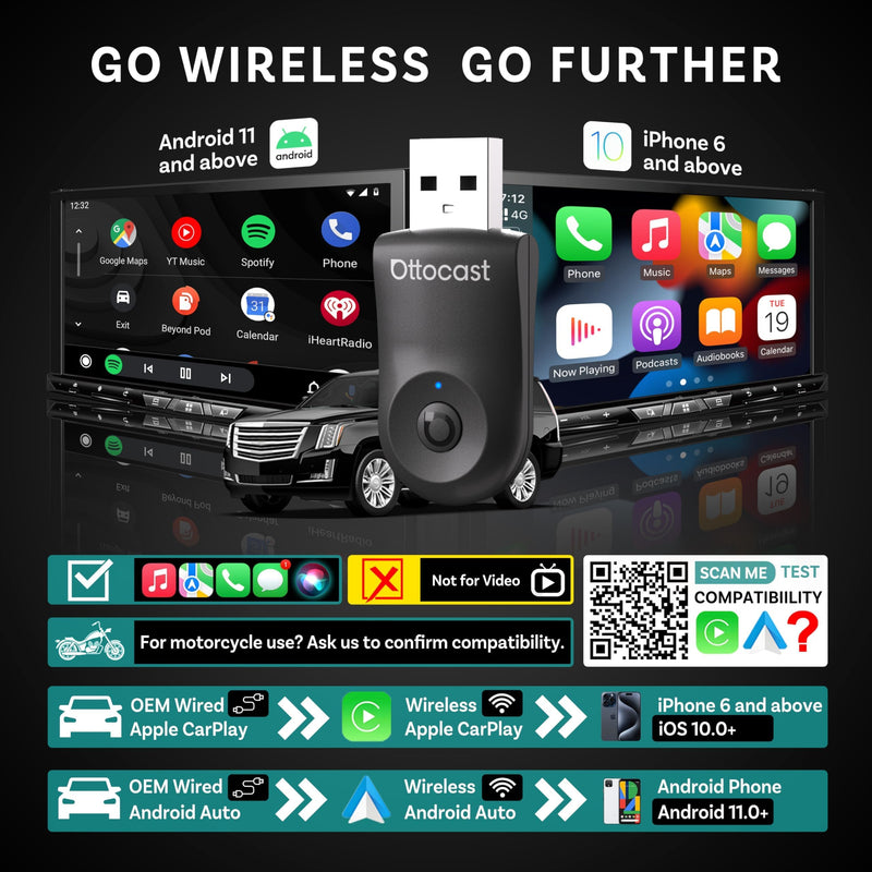 OTTOCAST Mini Dongle Wireless CarPlay Adapter for iPhone & Android Auto Adapter 2-in-1 Convert Wired to Wireless Apple Car Play, Plug & Play, USB-C, Low Latency (2016+ Cars, iOS 10+/Android 11+)