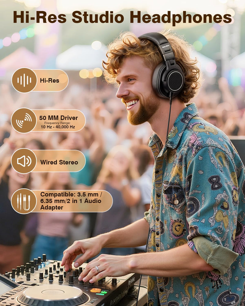 New bee Studio Headphones, DJ Headphones with 50mm Drivers and 6.35mm & 3.5mm Jack for Studio Monitor & Mixing DJ Guitar AMP Podcast Piano Keyboard