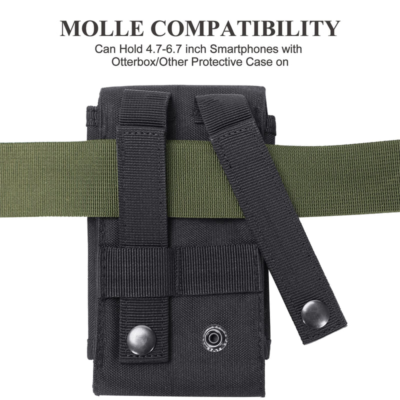 Black Tactical Molle Cellphone Pouch Case,Heavy Duty Waterproof Phone Holster Bag for iPhone 11 12 13 Pro Max Samsung S22 S21 S20 FE Note 20 A13 A12 A02S Less 6.7" Phone with US Flag Patch Black & 1 Gray Patch