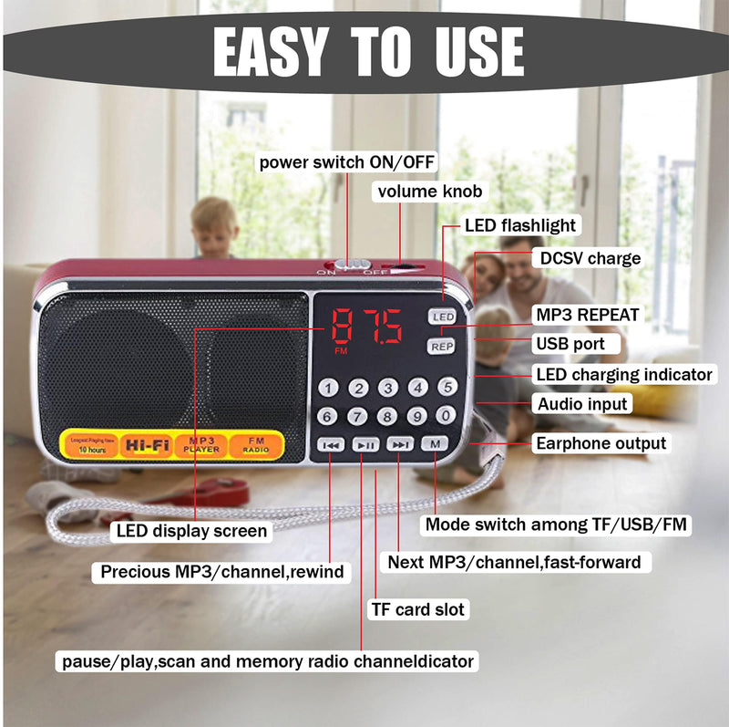 Leting Portable AM/FM Radio and MP3 Speaker, Mini Rechargeable Radio with 0-9 Number Keys for Direct Song & FM Tuning, TF Card/USB Support, Built-in Flashlight, Clear Reception (Red) RED