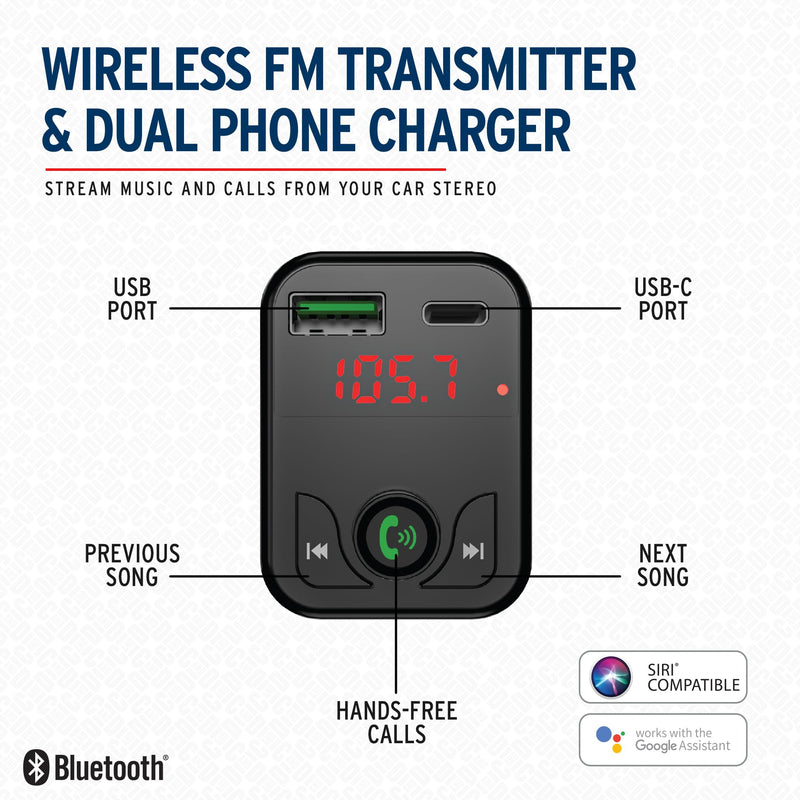 Car and Driver Bluetooth 5.3 FM Transmitter Charger, Dual USB Car Adapter with Fast 4.8 A Charging, Wireless Bluetooth Transmitter, Hands-Free Calling, Built-in Mic, LED Display, Micro-SD Card Slot