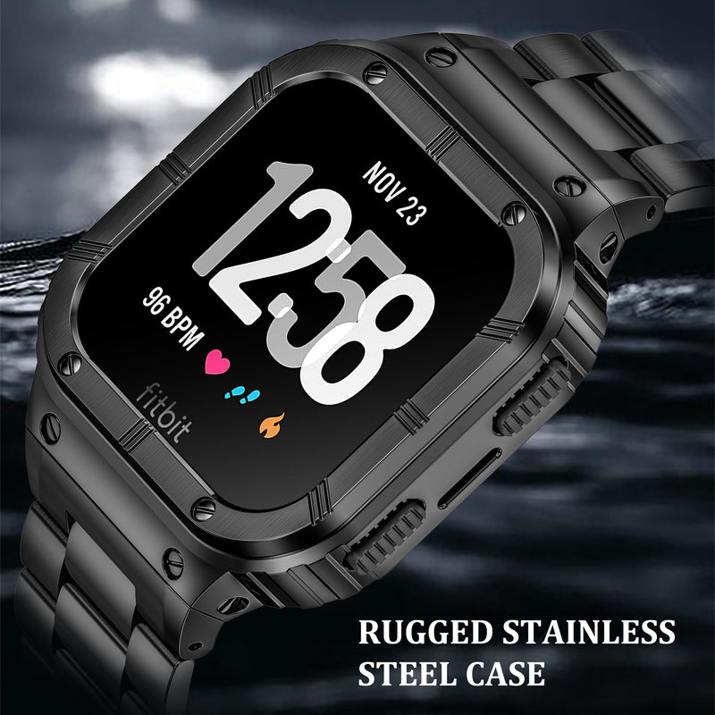 Metal Band Compatible with Fitbit Watch Versa 4/3/2/Lite Sense 2/1 | HASLFM Stainless Steel Strap with Case, Rugged Cover for Men. Black