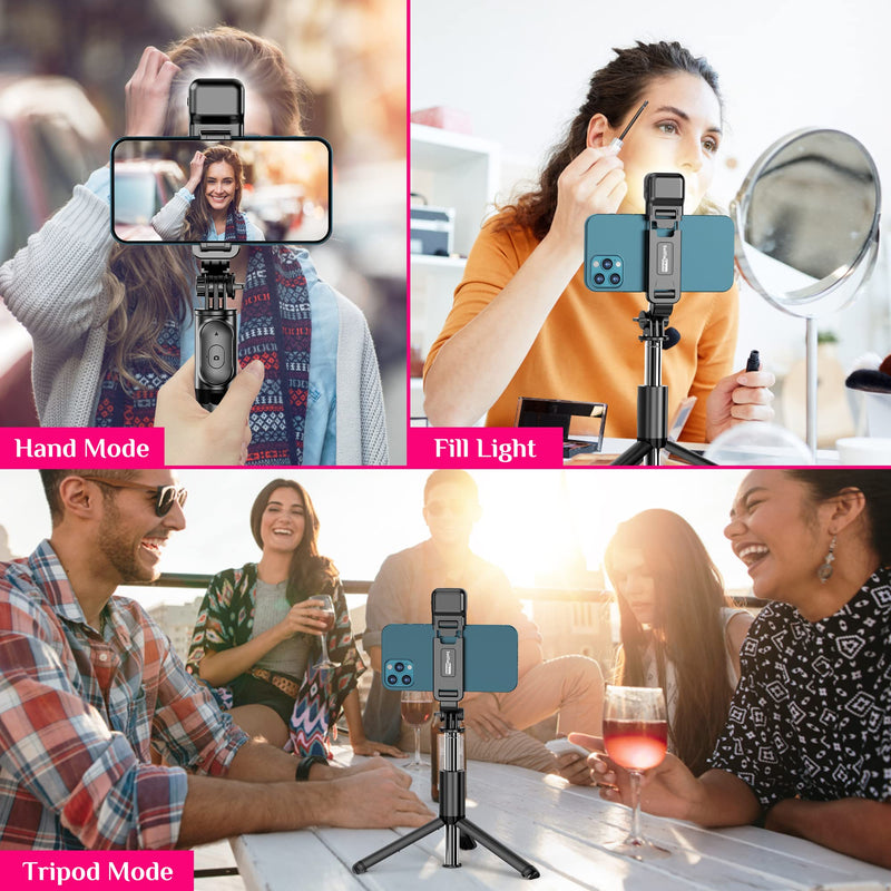 Selfie Stick Tripod with Fill Light, All in One Extendable Selfie Stick with Detachable Wireless Remote, Flexible Phone Tripod Stand Compatible with iPhone/Galaxy, Compact Size & Lightweight Black & With Light