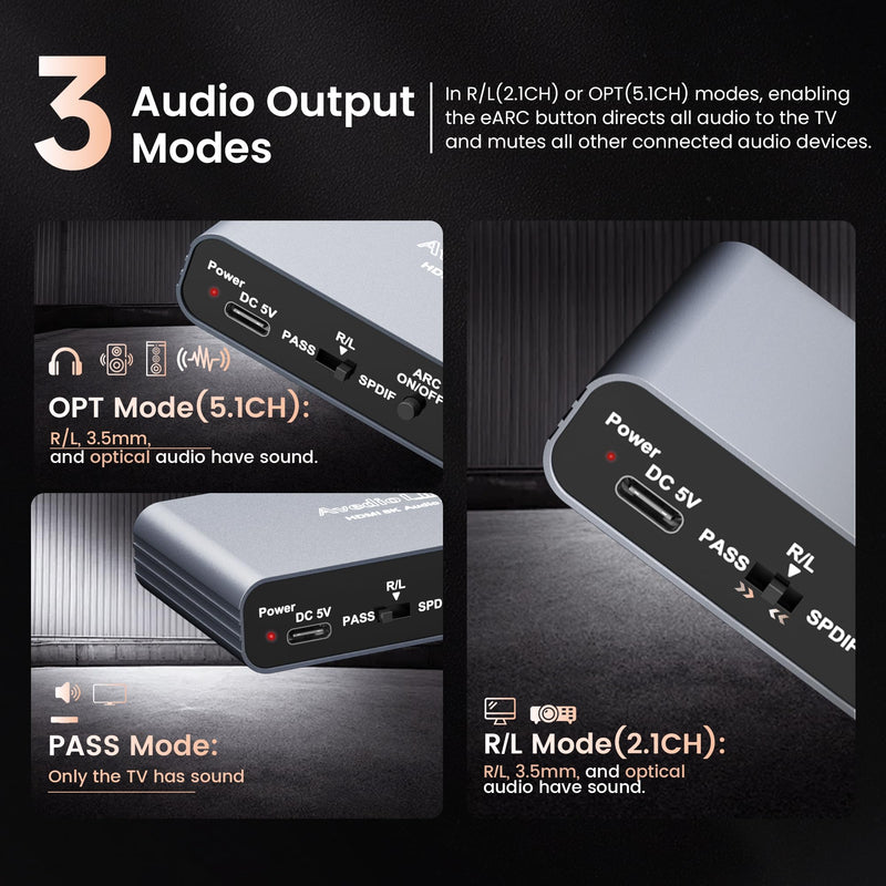 [AUSTRALIA] - HDMI ARC Audio Extractor 4K60Hz, HDMI ARC Adapter to Optical/SPDIF RCA 3.5mm AUX Audio Adapter Converter Splitter Support LPCM 5.1/DTS/DSD for Laptop/TV Box/DVD/PS5/Soundbar/Speaker/Amplifier 4K@60Hz Grey 