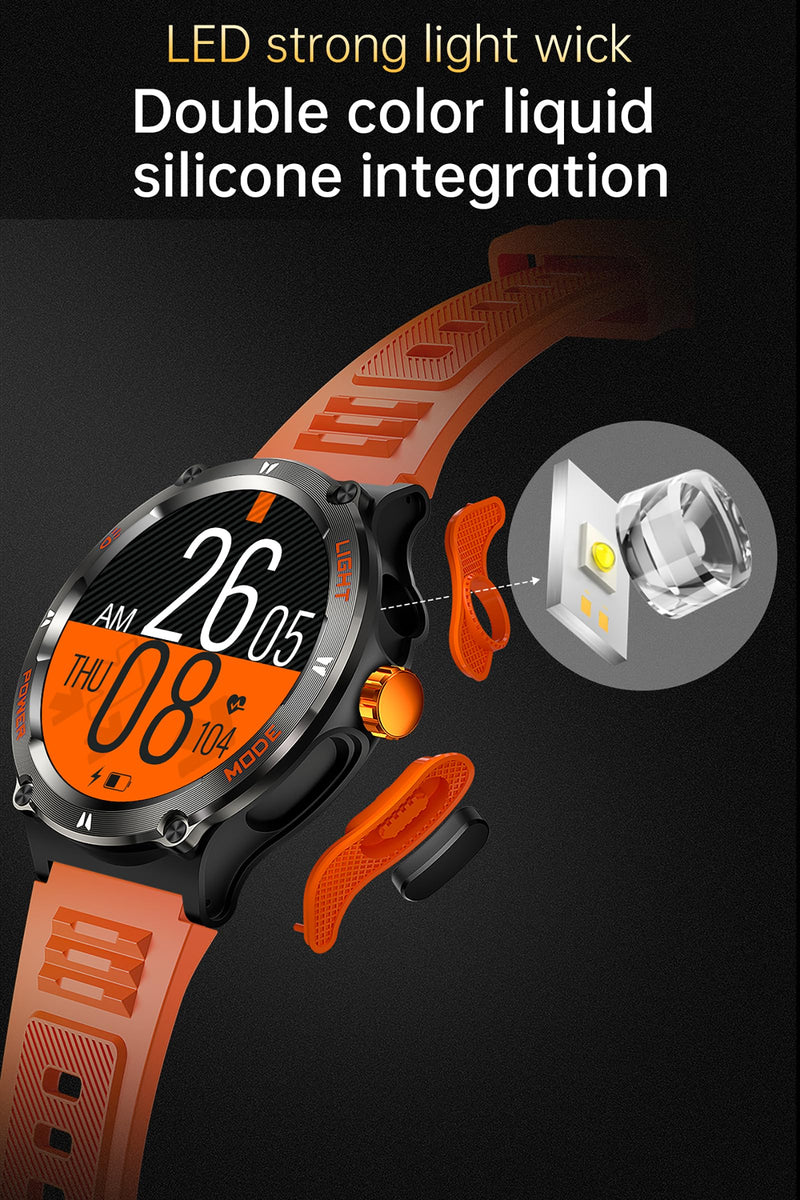 Smart Watch with Compass and Flashlight, Military Activity Tracker for Android iOS（Bluetooth Call Answer/Dial Calls） Rugged Smartwatch AI Voice Assistant/Heart Rate/Blood Pressure Orange