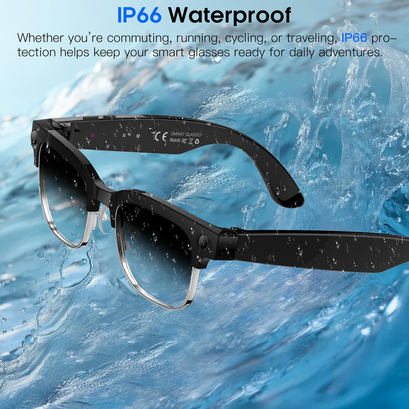 AI Smart Glasses with 8MP HD Camera, 4K Photo, 1080P Video Glasses with Voice Assistant, AI Image Recognition, Real-Time Translation, Bluetooth Calling/Music, IP66 Waterproof, Photochromic Lenses