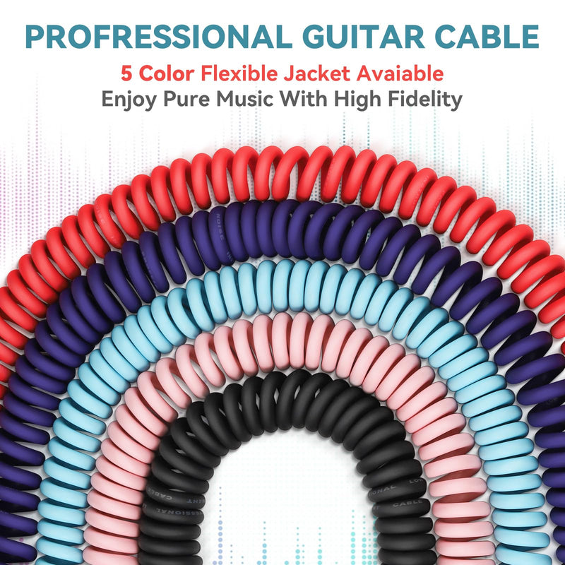 Curly Guitar Cable 30ft, Coil Electric Instrument Guitar Bass Cord AMP Lead 1/4 Straight to Angled Light Blue Straight-Angled