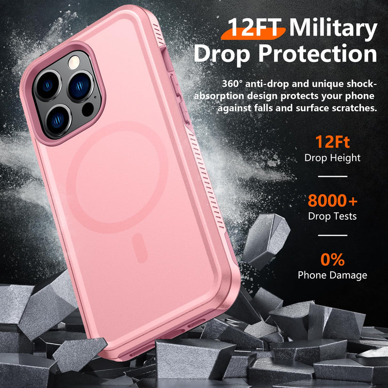 Red2Fire Strong Magnetic for iPhone 12 Pro Max Case, [Compatible with MagSafe] [Tempered Glass Screen Protector + Camera Lens Protector] Heavy Duty Shockproof Protective Phone Case Cover (Pink) Pink-Mag