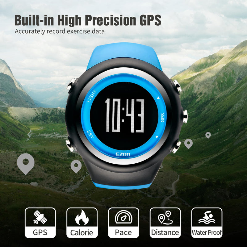 EZON GPS Running Watch with Distance Pace Alarm and Calorie Counter and Stopwatch for Men (Blue) Blue