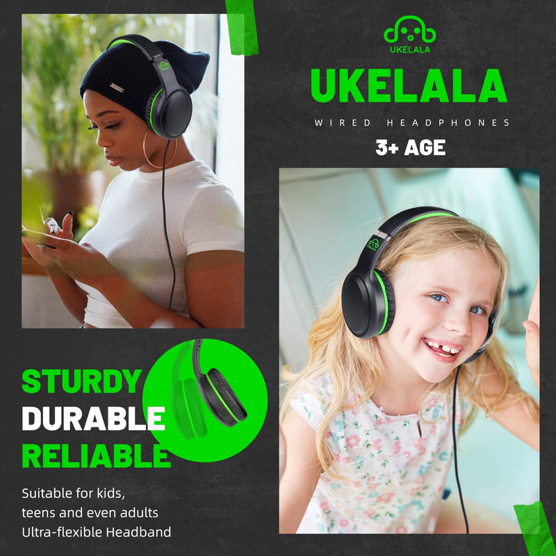 Green Wired Headphones for Boys Portable On Ear Youth Headphones for School Airplane Travel Lightweight Portable Compatible with Pad Computer Laptop for Adults Student Children Girls Kids Black/Green