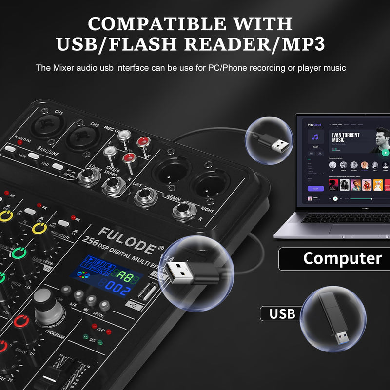 4 Channel Mixer DJ Audio Mixing Console with 256DSP, Small Music Sound Mixer Board Supports USB Bluetooth MP3 Computer Input, 48V Phantom Power & PAD Function for Recording Studio Streaming V14
