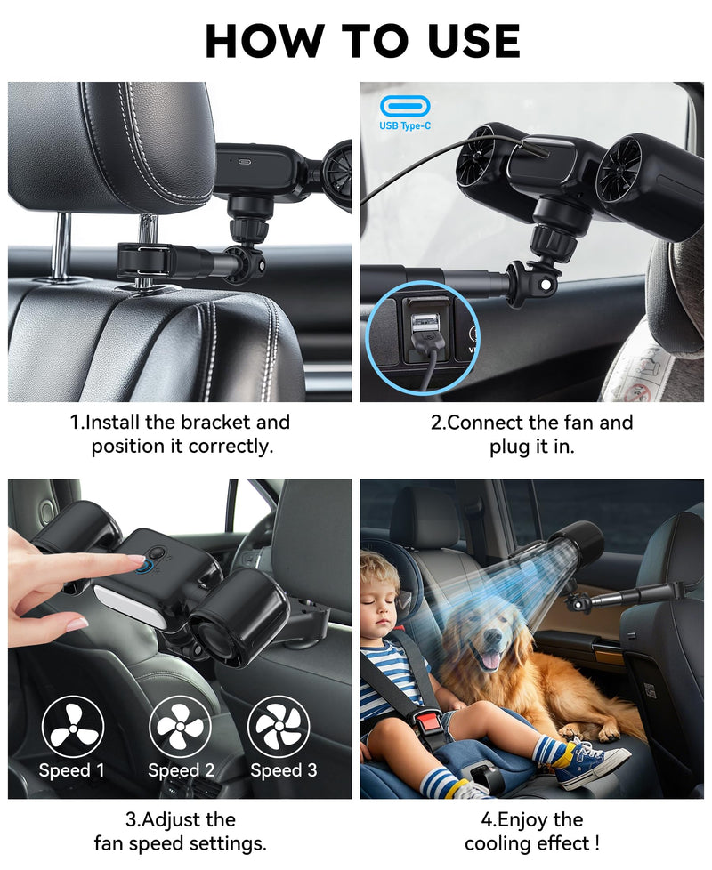 foryou Car Fans Seat Cooling Fan USB Fan 3 Wind Speeds with Night Light Portable Fans for Car Backseat for Kids Black