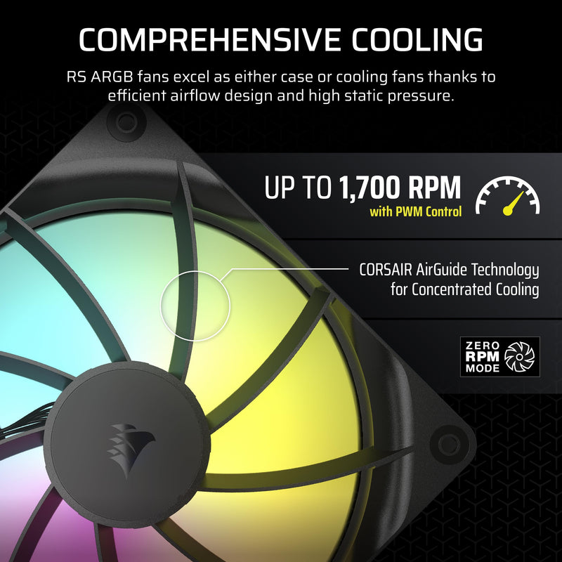 CORSAIR RS140 ARGB 140mm PWM Fans – Daisy-Chain Connection – Low-Noise – Magnetic Dome Bearing – Dual Pack – Black 2 x 140mm