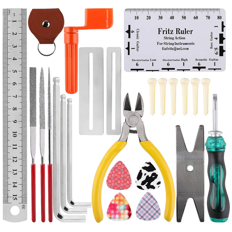 Guitar Repairing Tool Kit(26PCS) Wire Plier,String Organizer,Fingerboard Protector,Hex Wrenches, Files, String Ruler Action Ruler, Spanner Wrench,Bridge Pins for Guitar Ukulele Bass Mandolin Banjo