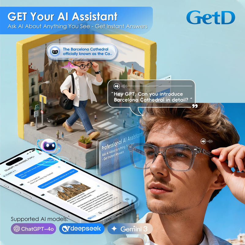 GetD AI Glasses, Smart Glasses Powered by ChatGPT, Real-Time AI Translation | Anti-blue light lens, AI translation in 145 languages, Hands‑free calls, Immersive audio, Holds AI conversations