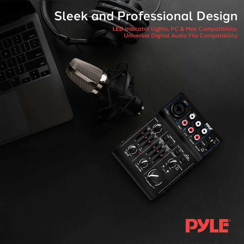 Pyle 3-Channel Bluetooth Audio Mixer – DJ Sound Controller & USB Soundcard Interface for PC Recording, XLR & 3.5mm Mic Input, RCA In/Out, 18V Power – Professional & Beginner DJ Mixer