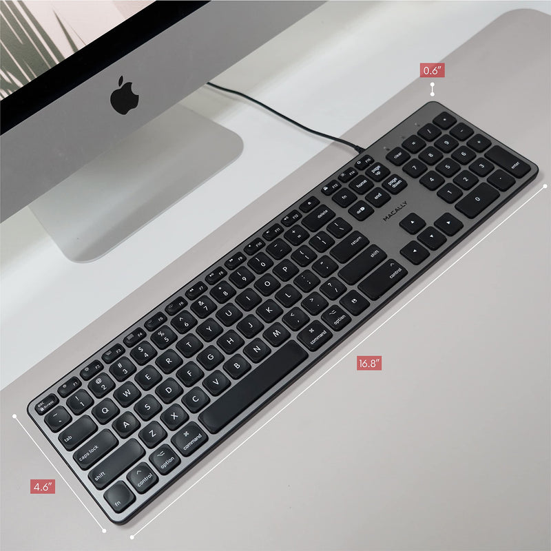 Macally Backlit Mac Keyboard Wired - Quiet, Sleek, and Functional - 3 Brightness Levels, 107 Keys - 5ft USB Wired Apple Keyboard - Backlit Wired Keyboard for Mac, iMac, MacBook Pro/Air - Space Gray