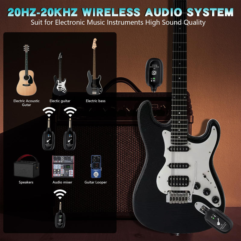 A8 Wireless Guitar Transmitter Receiver System - 2.4GHz Rechargeable, 24-bit/48KHz Audio, Low Latency <4ms for Electric Guitar & Bass - Clean Wireless Audio for MUSIC and BASS GUITARS 2(2TX+1RX) A8 Wireless Guitar System (2TX+1RX)