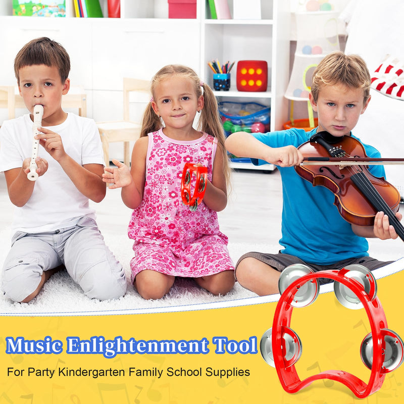 12 Pcs Plastic Percussion Tambourine with 4 Bells Rhythm Musical Instruments for Adults Hand Tambourine Hand Held Percussion Drum for Party Kindergarten Family School Supplies (Red) Red