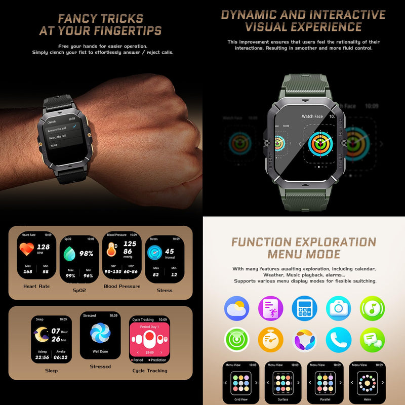 Military Smart Watch for Men(Answer/Make Calls), 2.02”AMOLED 5ATM Waterproof Smartwatch with Heart Rate/SpO2/Blood Pressure, 100+ Sports, Fitness Watch for Android iPhone, with 3 Watch Bands (Black) Black