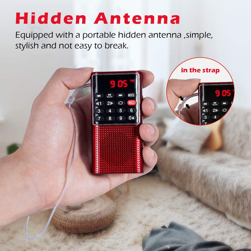 PRUNUS J-328 Mini Portable Pocket FM Radio MP3 Walkman Radio with Recorder, Gifts for Mom, Lock Key, SD Card Player, Rechargeable Battery Operated(NO AM) Red
