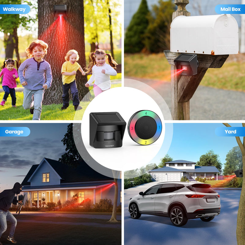 [AUSTRALIA] - TECKNET Solar Wireless Driveway Alarm with 2600FT Long Range & 36 Melodies & 5 Volumes and Supports 4 Zones Weatherproof Motion Sensor Alarm to Protect Inside/Outside Property (1 Receiver 1 Sensor) RGB Receiver and Sensor 