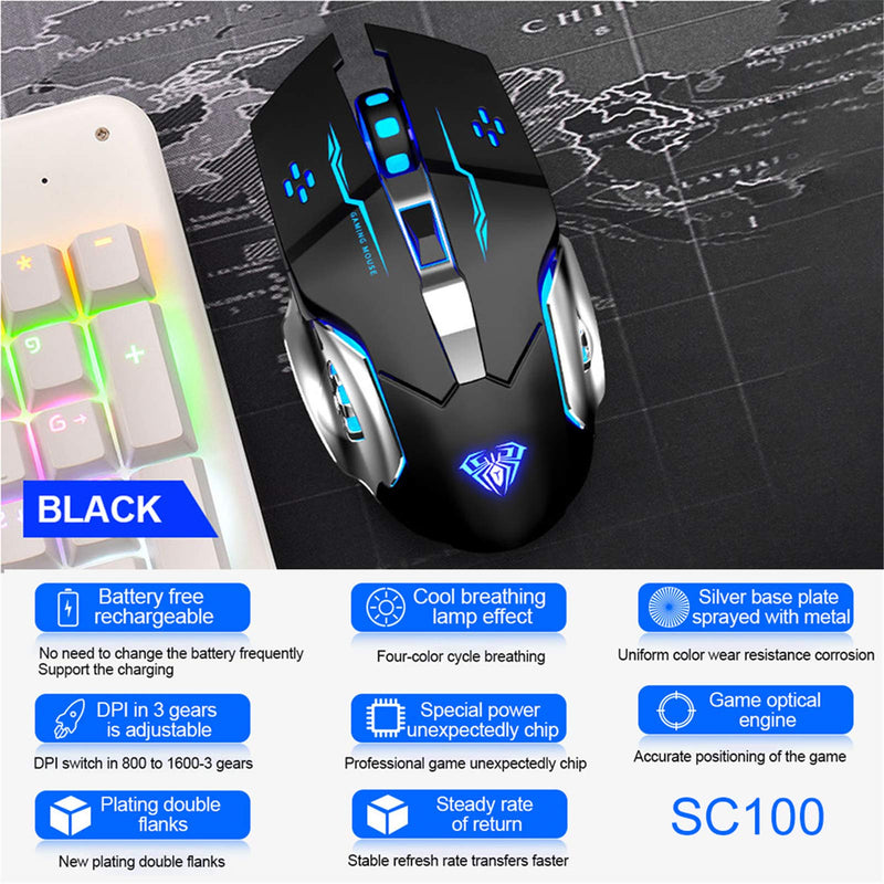AULA SC100 LED Gaming Mouse Wireless, with Side Buttons, USB Receiver, 2.4G Cordless Programmable Rechargeable Office/Games Computer Mice, Black