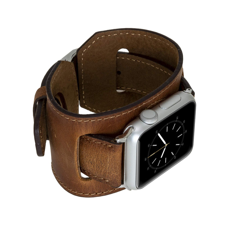 Venito Ancona Cuff Handmade Premium Leather Watch Band for Apple Watch iwatch Series 1,2,3,4,5,6,7,8,9,10,11 and SE 1,2,3 (45/44/42/41/40/38mm), (Antique Brown w/Silver Connector&Clasp)