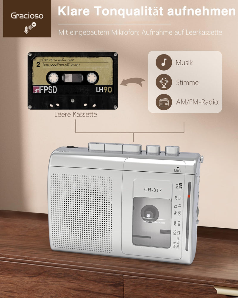 Gracioso Portable Cassette Player Recorder with Bluetooth Transmitter, AM FM Walkman Cassette Player with Headphone Jack & Big Speaker,Microphone Jack, 2*AA Battery Opearated Cassette Tape Player Silver