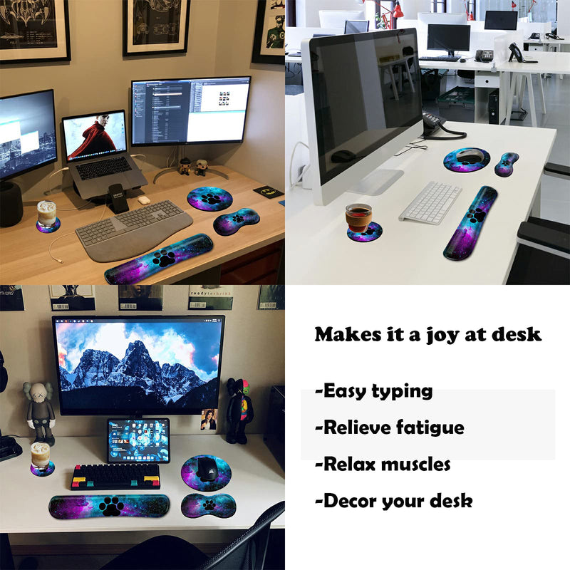 Mouse Pad Wrist Support Keyboard Wrist Rest Combo+Cup Coaster [4-in-1] , Easy Typing Pain Relief, Memory Foam Gel Elbow Cushion Mousepad Set for Computer Laptop Office Home - Paw Galaxy