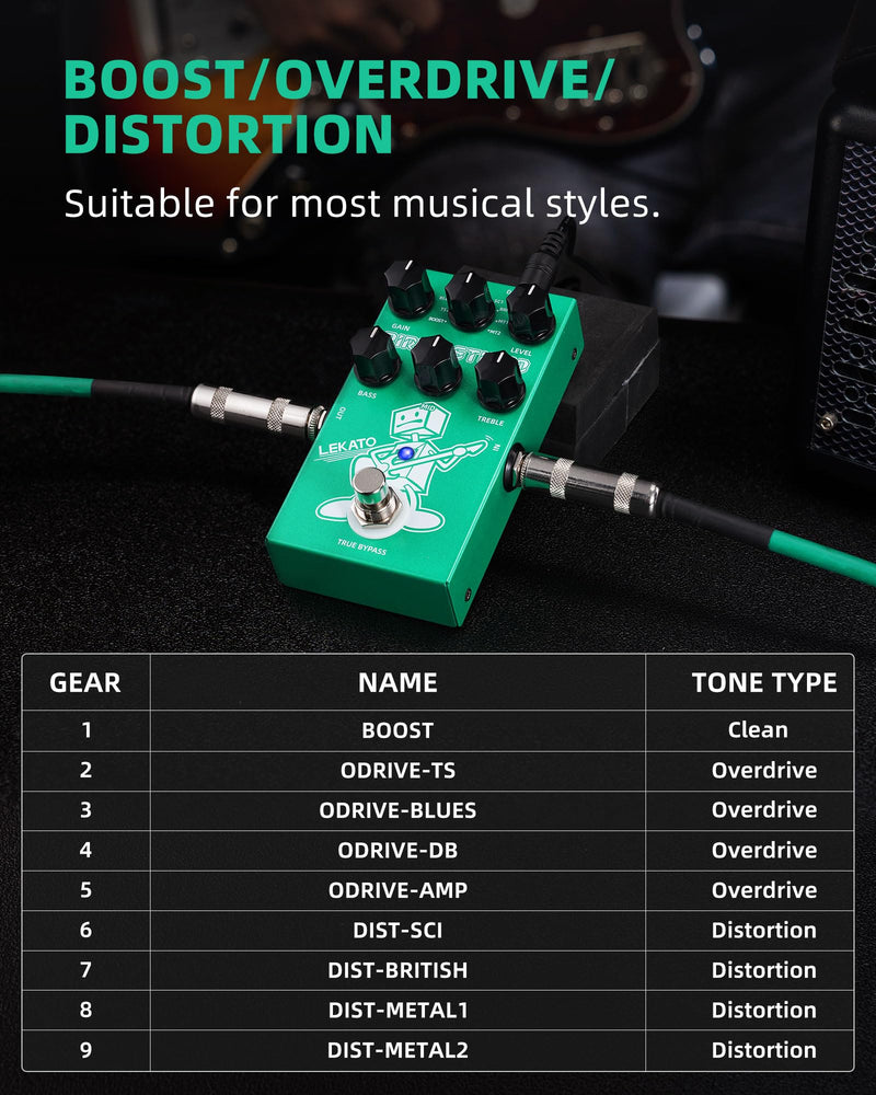 LEKATO Boost Distortion Overdrive Digital Guitar Effect Pedal with 9 Tones, 3-band EQ, True Bypass, Combo Clean Pedal for Electric Guitar Green Boost Distortion